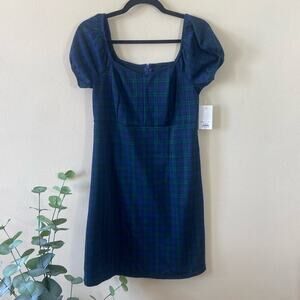 New SO Plaid Fall Dress Mini BabyDoll Green Blue Medium Short Tight Puff Sleeve